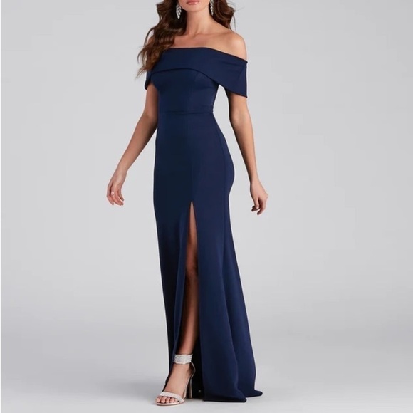 Windsor Coralie Off Shoulder Front Slit Dress Navy - 7 - Picture 4 of 6